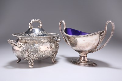 Lot 1 - A 19TH CENTURY SILVER-PLATED SAUCE TUREEN AND COVER, AND A TWO-HANDLED PEDESTAL DISH