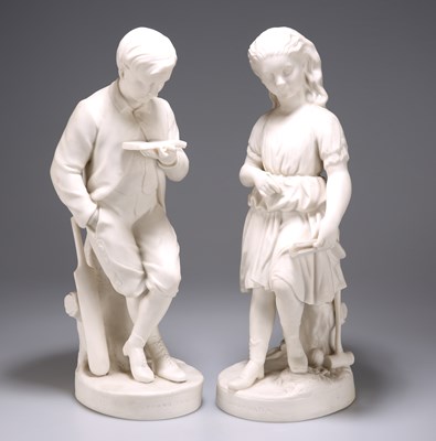 Lot 536 - A PAIR OF VICTORIAN COPELAND PARIAN STATUARY FIGURES, "YOUNG ENGLAND" AND "YOUNG ENGLAND'S SISTER"