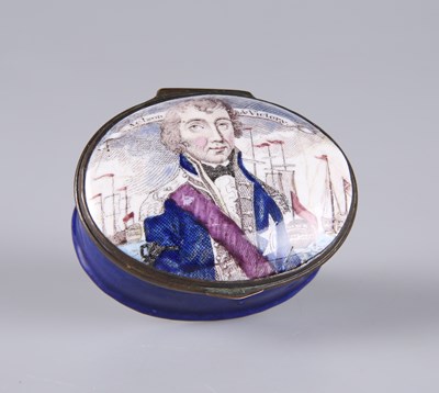 Lot 395 - A BILSTON ENAMEL PATCH BOX OF NELSON INTEREST, CIRCA 1806-10