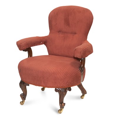 Lot 737 - A VICTORIAN WALNUT AND UPHOLSTERED ARMCHAIR, AND TWO VICTORIAN SIDE CHAIRS