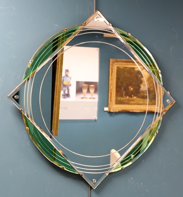 Lot 1254 - AN ART DECO GREEN AND CLEAR GLASS MIRROR