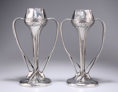 Lot 723 - A PAIR OF LIBERTY & CO TUDRIC PEWTER TULIP VASES, DESIGNED BY ARCHIBALD KNOX