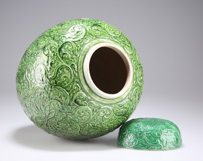Lot 1030 - A CHINESE GREEN-GLAZED GINGER JAR AND COVER, CIRCA 1900
