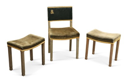 Lot 820 - AN ELIZABETH II LIMED OAK CORONATION CHAIR AND STOOL, AND A GEORGE VI CORONATION STOOL