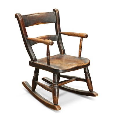 Lot 782 - A 19TH CENTURY ELM AND OAK CHILD'S WINDSOR ROCKING CHAIR