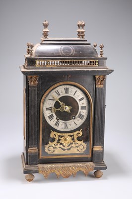 Lot 639 - A 19TH CENTURY CONTINENTAL BRASS INLAID AND MOUNTED EBONISED MANTEL CLOCK