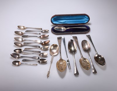 Lot 245 - A MIXED GROUP OF SILVER FLATWARE, GEORGIAN AND LATER