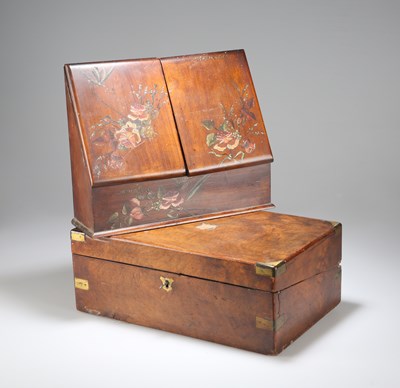 Lot 1252 - A LATE VICTORIAN PAINTED STATIONERY BOX AND A VICTORIAN BRASS-MOUNTED WALNUT WRITING SLOPE