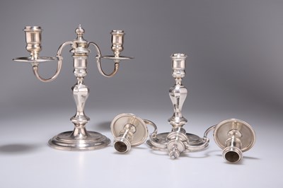 Lot 190 - A PAIR OF SILVER-PLATED TWO-LIGHT CANDELABRA