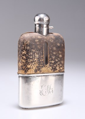 Lot 319 - A VICTORIAN SILVER AND SNAKESKIN SPIRIT FLASK