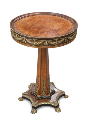 Lot 774 - A LOUIS XVI TRANSITIONAL STYLE AMBOYNA, KINGWOOD AND GILT METAL-MOUNTED PEDESTAL TABLE