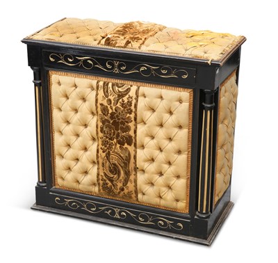 Lot 1249 - A NAPOLEON III STYLE EBONISED AND UPHOLSTERED TALL CHEST (OR COFFER)