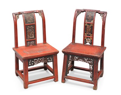 Lot 747 - TWO CHINESE RED LACQUER SIDE CHAIRS, EARLY 20TH CENTURY