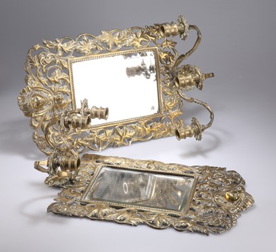 Lot 867 - A PAIR OF BRASS WALL MIRRORS WITH CANDLE SCONCES, LATE 19TH CENTURY