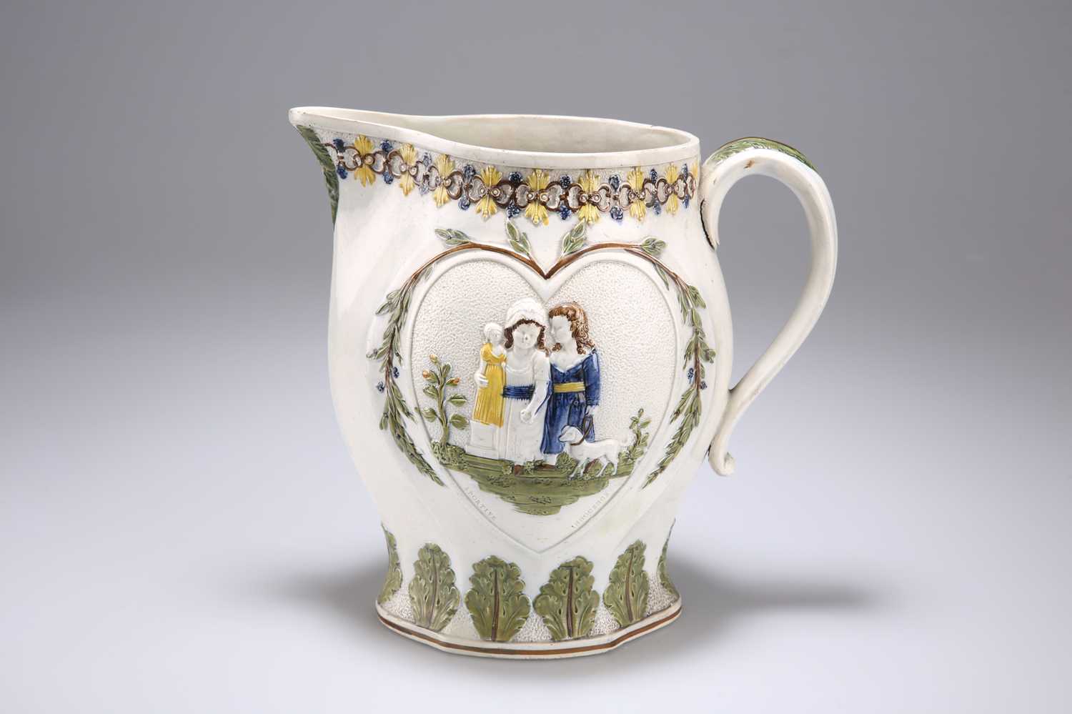 Lot 30 - A PEARLWARE JUG MOULDED WITH SCENES REPRESENTING 'MISCHIEVOUS SPORT' AND 'SPORTING INNOCENCE'