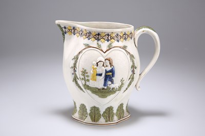 Lot 30 - A PEARLWARE JUG MOULDED WITH SCENES REPRESENTING 'MISCHIEVOUS SPORT' AND 'SPORTING INNOCENCE'