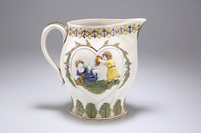 Lot 30 - A PEARLWARE JUG MOULDED WITH SCENES REPRESENTING 'MISCHIEVOUS SPORT' AND 'SPORTING INNOCENCE'