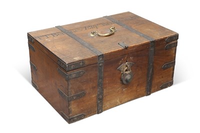 Lot 1284 - A 19TH CENTURY IRON-BOUND TEAK STRONG-BOX