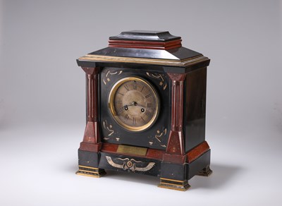Lot 54 - AN EGYPTIAN REVIVAL BRASS-MOUNTED, RED MARBLE AND POLISHED SLATE MANTEL CLOCK, 19TH CENTURY