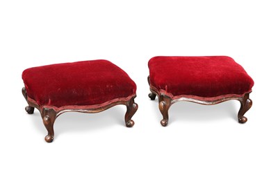 Lot 1239 - A PAIR OF VICTORIAN WALNUT AND UPHOLSTERED FOOTSTOOLS