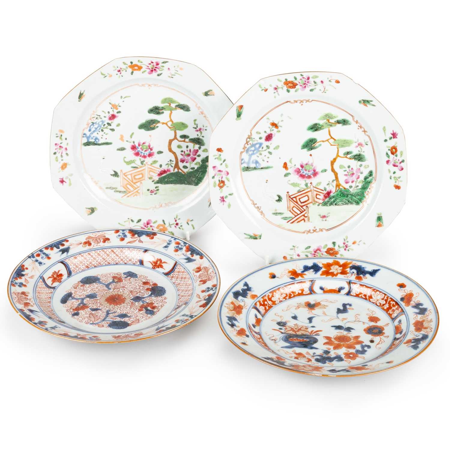 Lot 80 - A PAIR OF CHINESE FAMILLE ROSE PLATES, 18TH CENTURY; AND TWO CHINESE IMARI PLATES, 18TH CENTURY