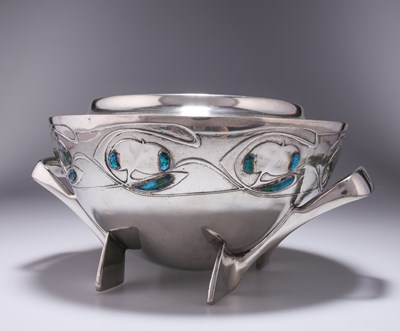 Lot 182 - A LIBERTY & CO TUDRIC PEWTER AND ENAMEL TWO-HANDLED ROSE BOWL, DESIGNED BY ARCHIBALD KNOX