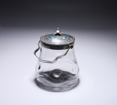 Lot 186 - A RARE LIBERTY & CO PEWTER AND POWELL GLASS BISCUIT BARREL, DESIGNED BY ARCHIBALD KNOX