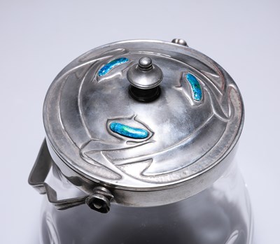 Lot 186 - A RARE LIBERTY & CO PEWTER AND POWELL GLASS BISCUIT BARREL, DESIGNED BY ARCHIBALD KNOX