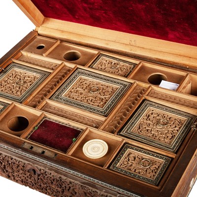 Lot 799 - A MID-19TH CENTURY ANGLO-INDIAN SADELI AND CARVED SANDALWOOD SEWING BOX