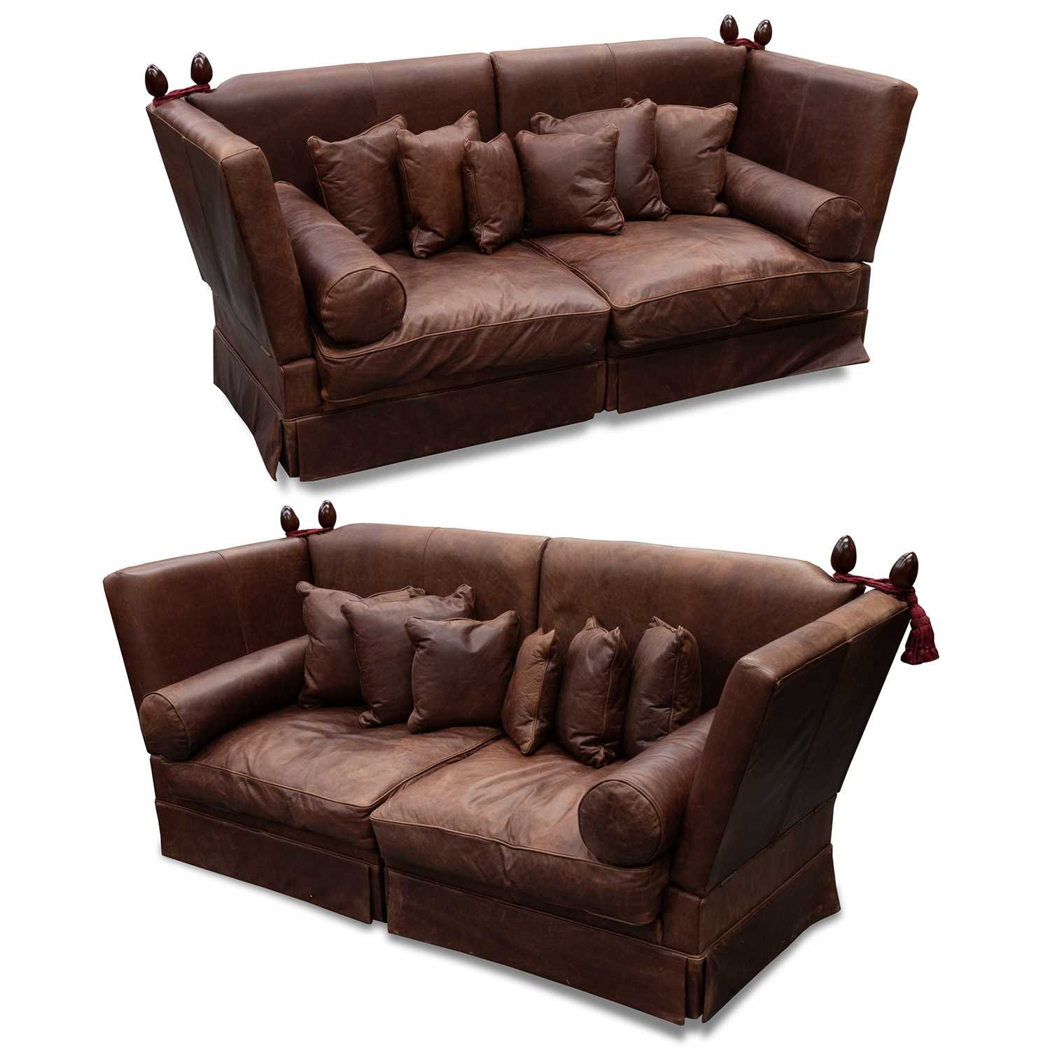 Lot 756 - A PAIR OF ITALIAN BROWN LEATHER DROP-END SOFAS