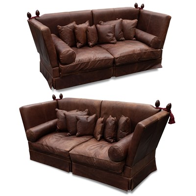 Lot 756 - A PAIR OF ITALIAN BROWN LEATHER DROP-END SOFAS