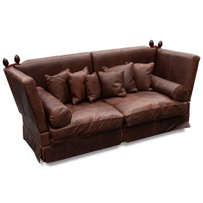 Lot 756 - A PAIR OF ITALIAN BROWN LEATHER DROP-END SOFAS