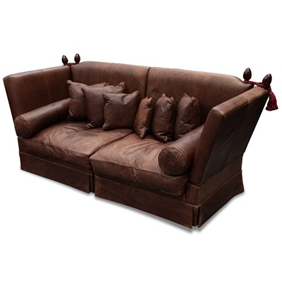 Lot 756 - A PAIR OF ITALIAN BROWN LEATHER DROP-END SOFAS