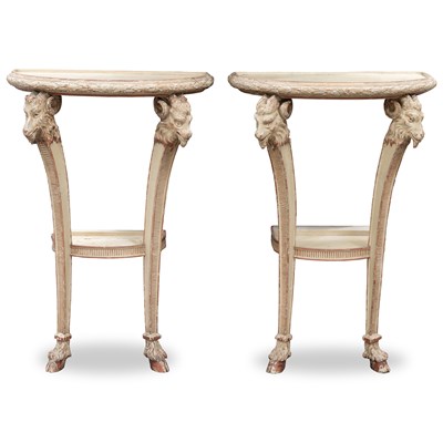 Lot 781 - A PAIR OF PAINTED WOOD DEMILUNE CONSOLE TABLES