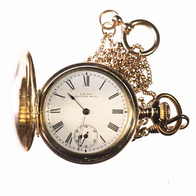 Lot 1188 - A WALTHAM FULL HUNTER POCKET WATCH WITH A CHAIN
