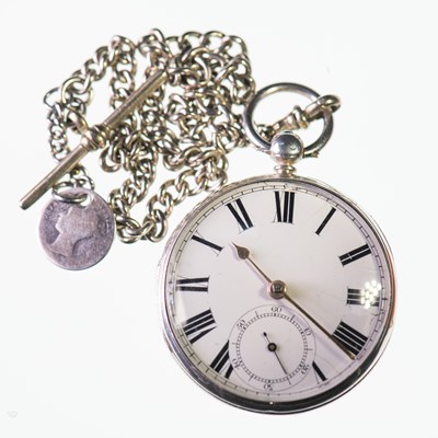 Lot 1179 - A SILVER OPEN FACED POCKET WATCH WITH AN ALBERT CHAIN