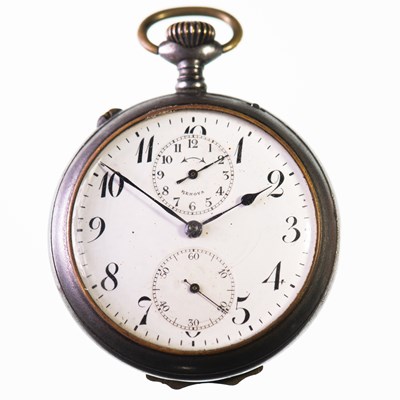 Lot 469 - A RENOVA GUN METAL ALARM POCKET WATCH