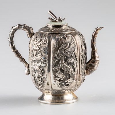 Lot 194 - A CHINESE SILVER AND JADE TEAPOT