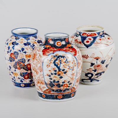 Lot 76 - THREE JAPANESE IMARI PORCELAIN JARS/VASES