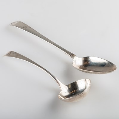 Lot 317 - A GEORGE III SILVER SAUCE LADLE AND BRIGHT-CUT TABLESPOON