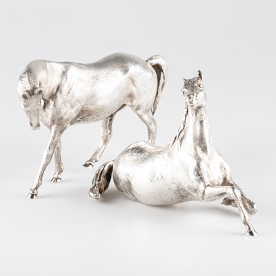 Lot 208 - A PAIR OF ELIZABETH II CAST SILVER MODELS OF HORSES