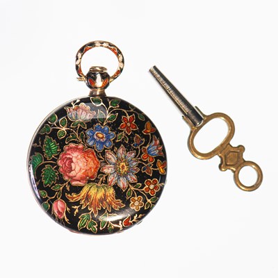 Lot 468 - AN OPEN-FACE KEY-WIND ENAMELLED FOB WATCH