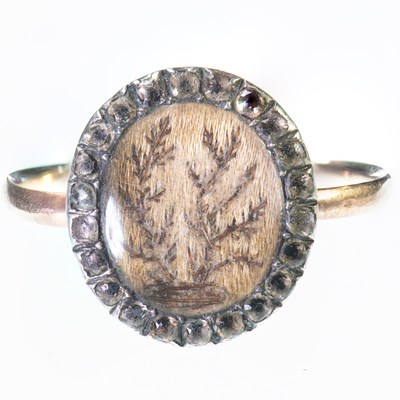 Lot 520 - AN UNUSUAL GEORGE III HAIR WORK MOURNING RING