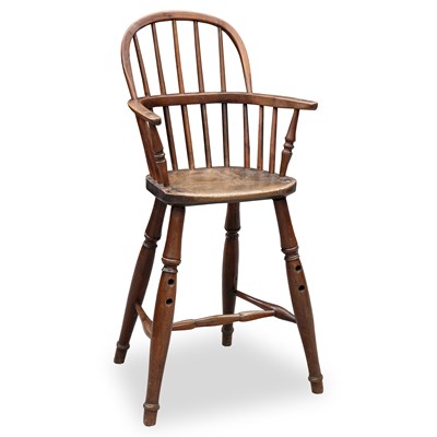 Lot 703 - A 19TH CENTURY YEW WOOD AND ELM CHILD'S WINDSOR HIGH-CHAIR