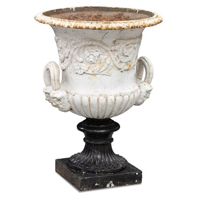 Lot 670 - A VICTORIAN PAINTED CAST IRON URN