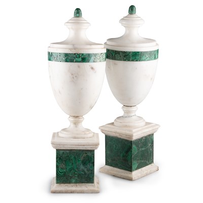 Lot 135 - A PAIR OF CONTINENTAL WHITE MARBLE AND MALACHITE URNS, LATE 19TH CENTURY