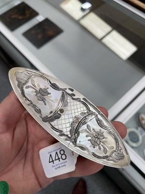 Lot 448 - A 19TH CENTURY MOTHER-OF-PEARL TATTING SHUTTLE