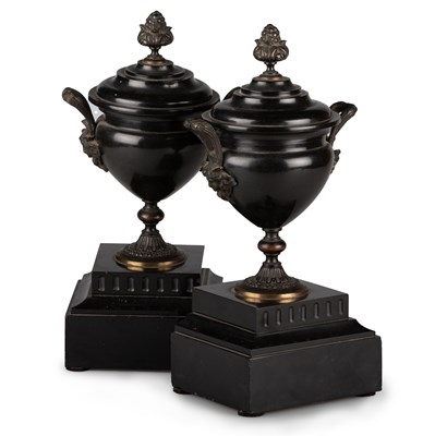 Lot 132 - A PAIR OF 19TH CENTURY BLACK SLATE AND BRONZE-MOUNTED CLASSICAL URNS