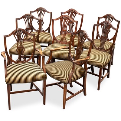 Lot 667 - A SET OF EIGHT HEPPLEWHITE STYLE MAHOGANY DINING CHAIRS