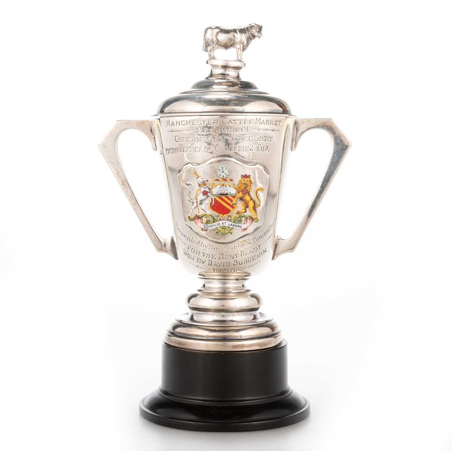 Lot 301 - A GEORGE V SILVER AND ENAMEL TWO-HANDLED TROPHY CUP